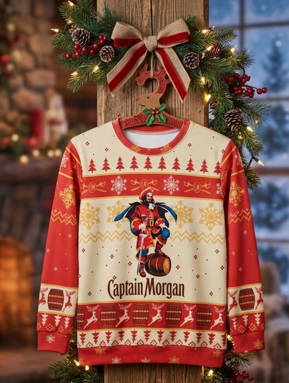 Captain Morgan Ugly Christmas Sweater Top in Red and Cream Size L
